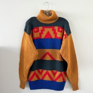 Vintage Mistral Wool Geometric Turtleneck Men’s Pullover Cosby Sweater 90s